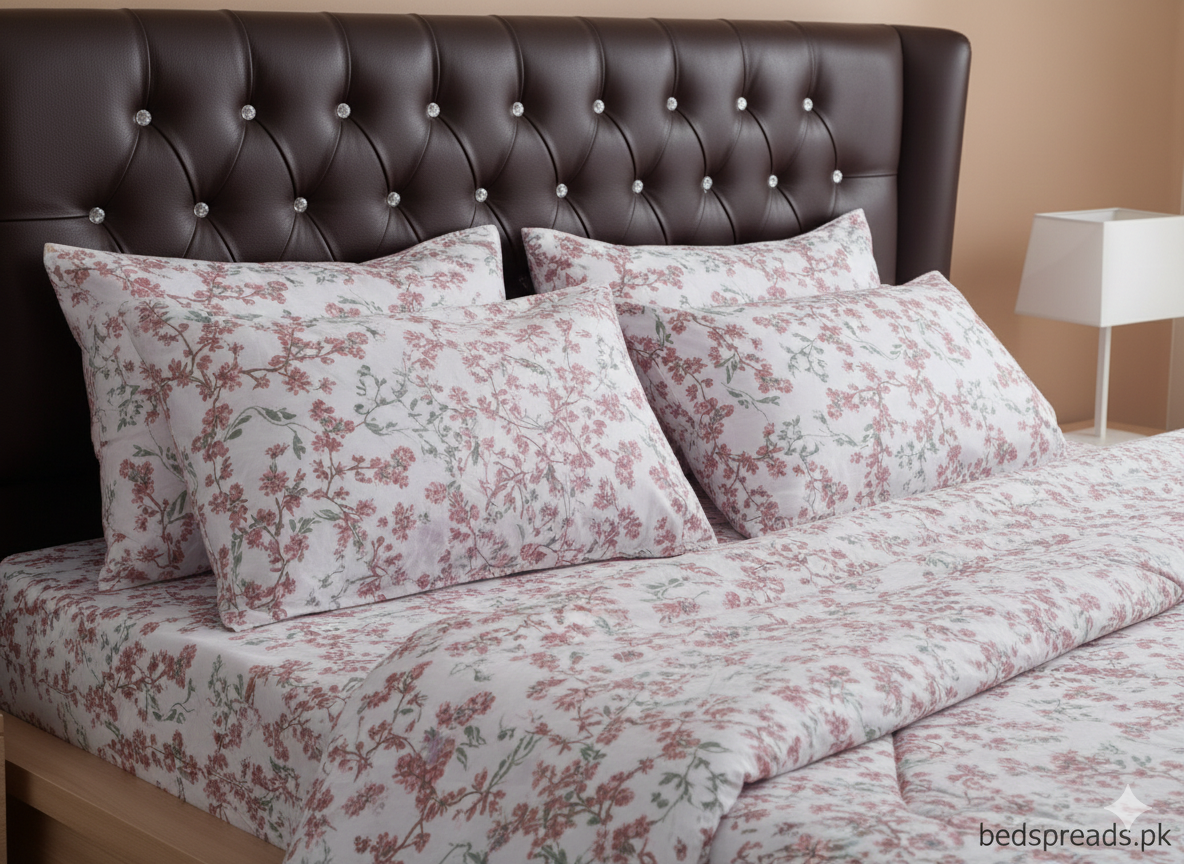 (Spring Cherry Blossom)Premium 6-Piece Vickey Razai (Comforter) Set - 100% Pure Cotton Peach Floral Double Bedding with 4 Pillow Covers.