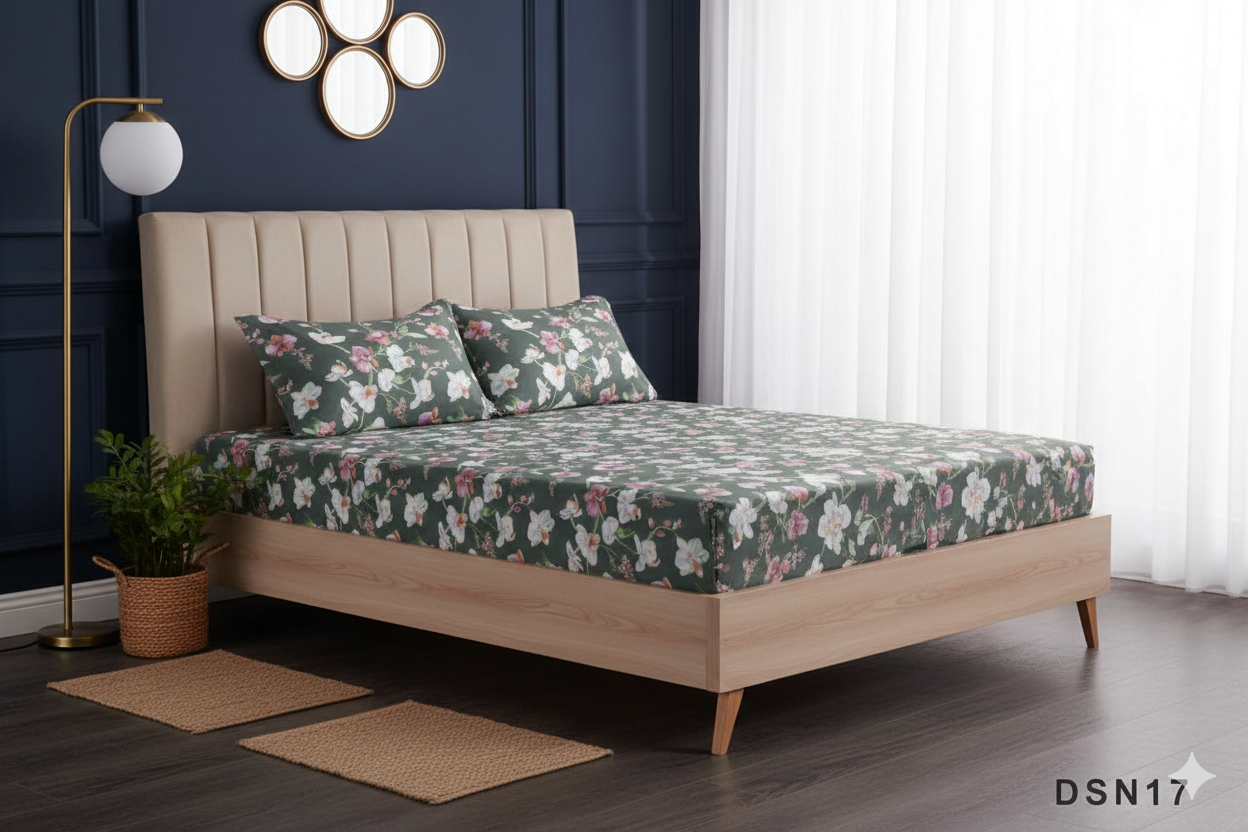 Premium 100% Cotton Satin Fitted Bed Sheet Set - Charcoal Grey Orchid Floral Double Bedding with 2 Pillow Covers.