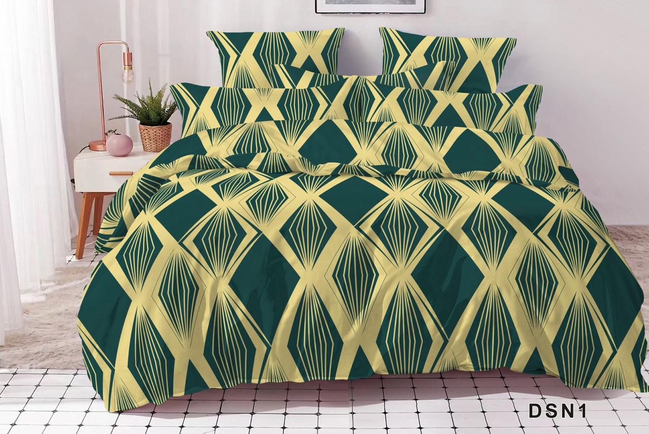 Striking 100% Cotton SATIN Fitted Double Bed Sheet Set - Emerald Green & Gold Geometric Print with 2 Pillow Covers.