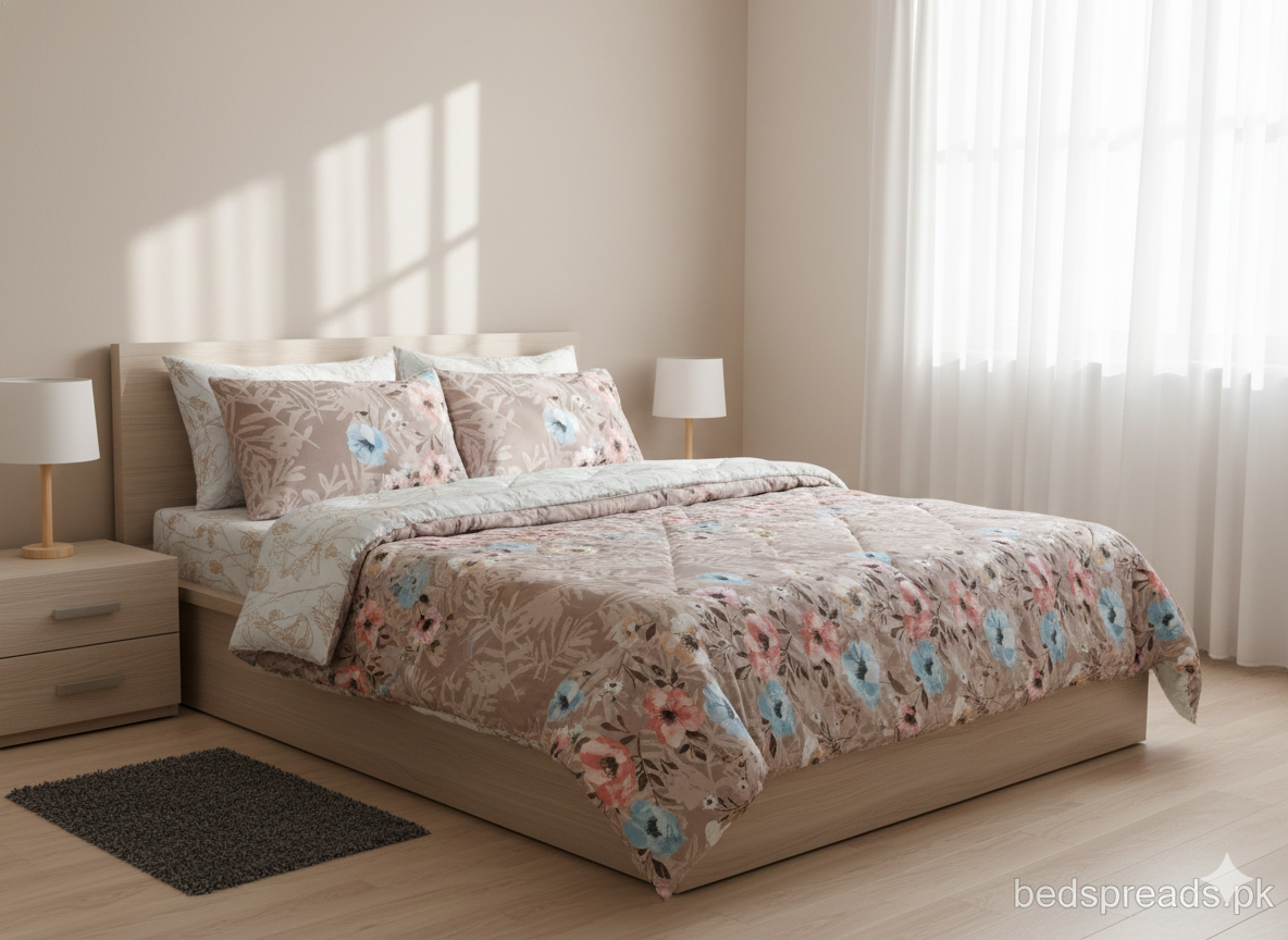 (Taupe Bloom)Elegant 6-Piece Vickey Razai (Comforter) Set - 100% Pure Cotton Taupe Floral Print with 4 Pillow Covers