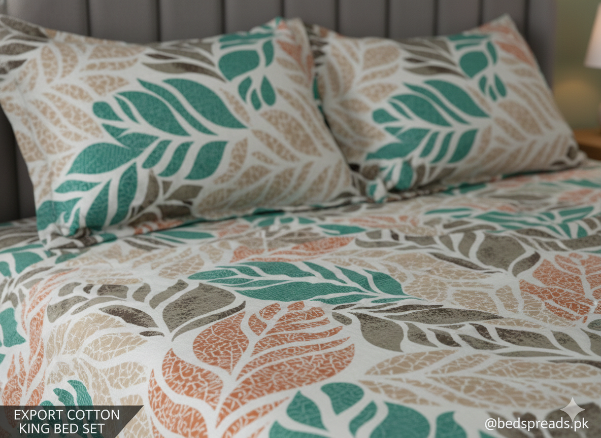 Premium Export Quality Soft Cotton Double Bed Sheet Set - Earthtone Vine Print with 2 Pillow Covers.
