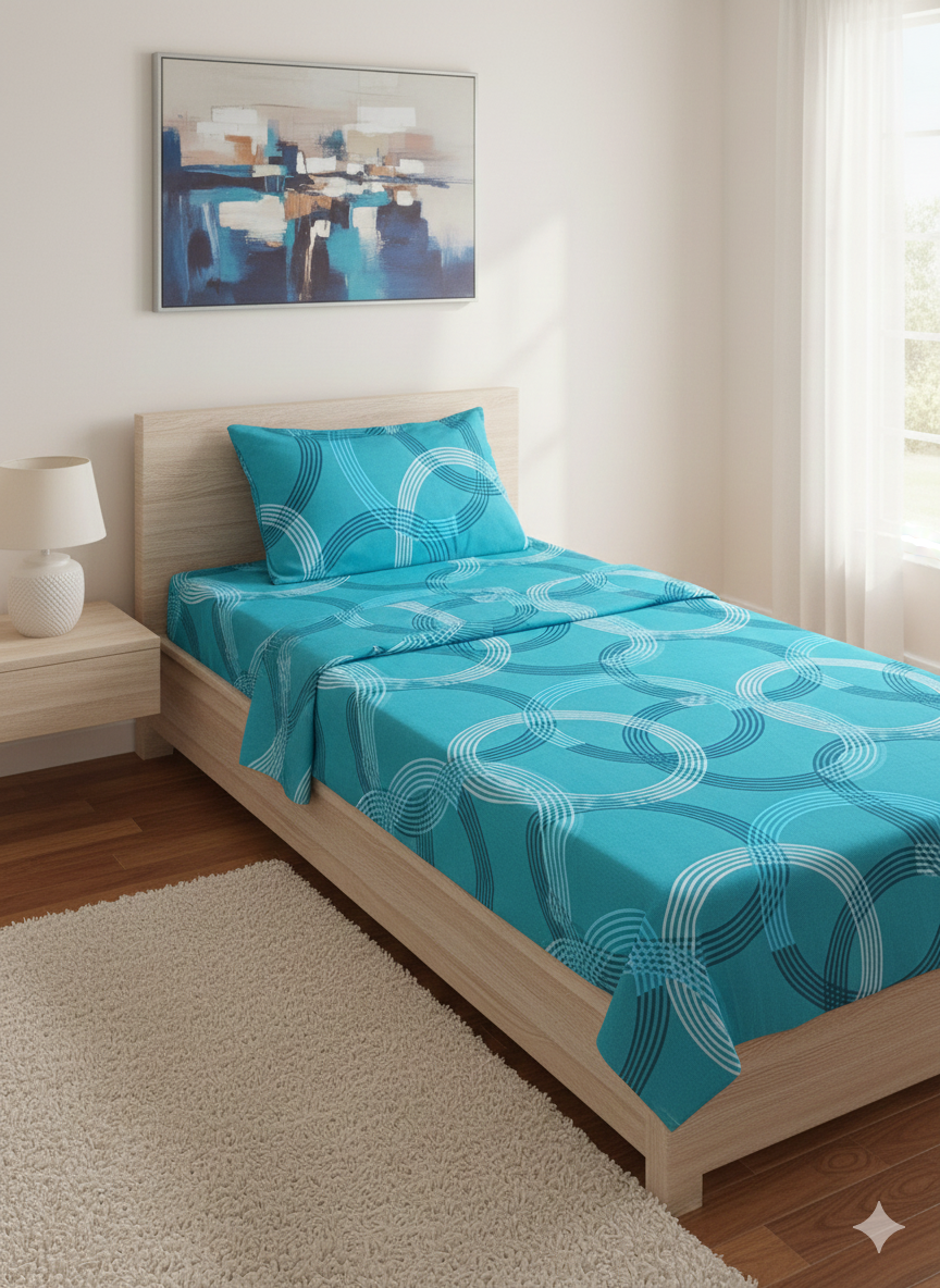 (Aqua Interlock Rings)2 piece set of signal bedsheet in 100% pure cotton