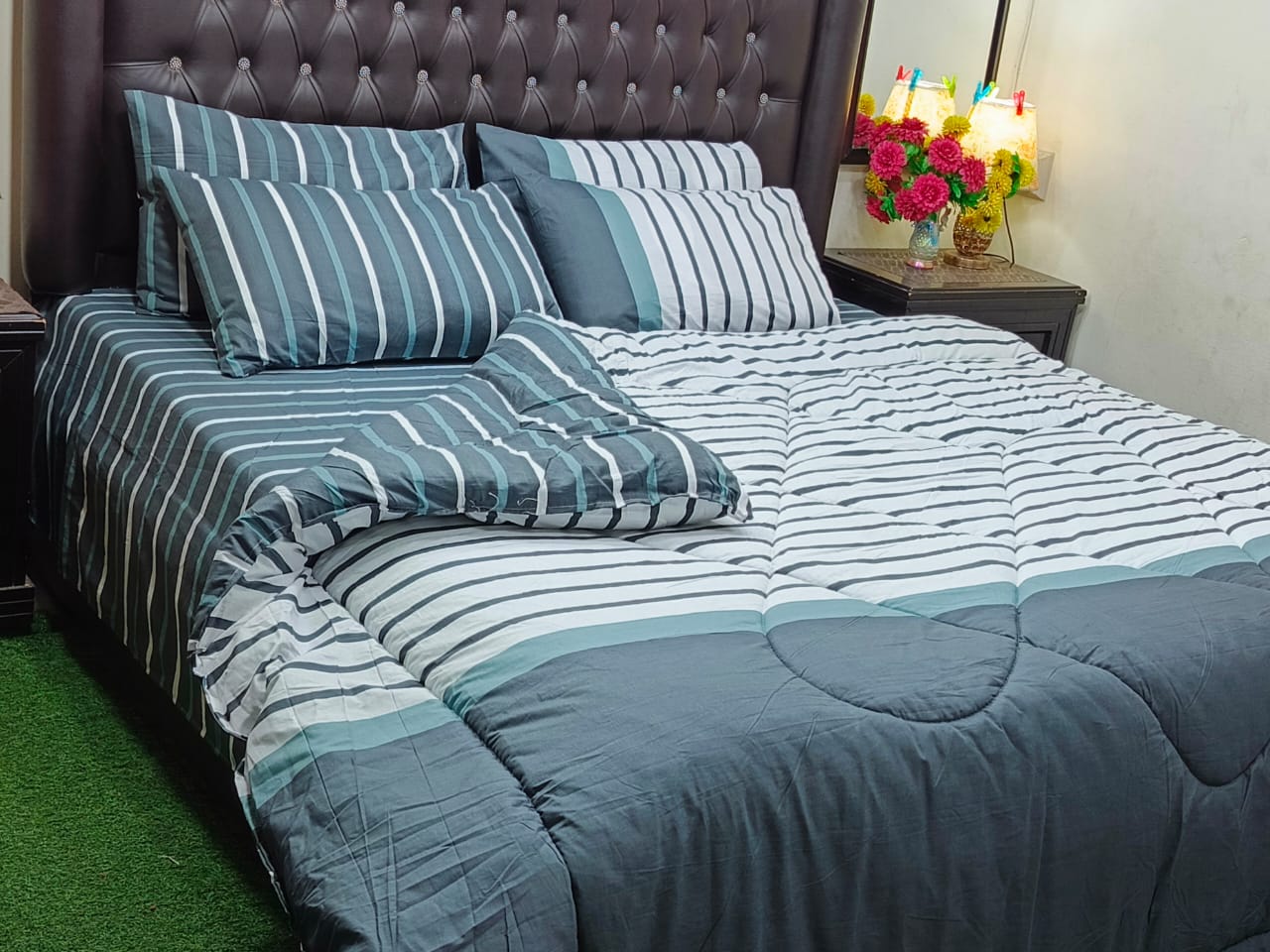 (Slate & Teal Parallel)Luxury 6-Piece Vickey Razai (Comforter) Set - 100% Pure Cotton Grey & Teal Striped Double Bedding with 4 Pillow Covers.
