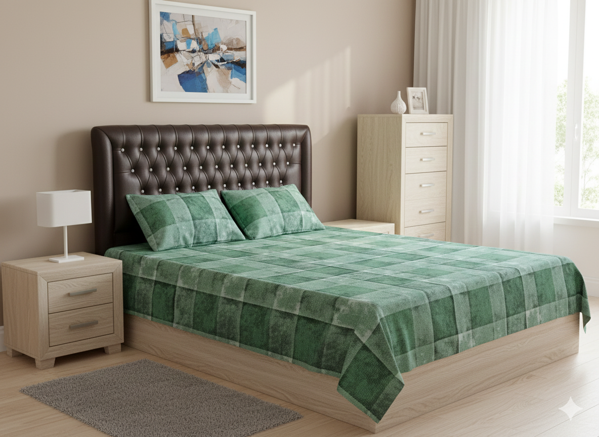 Vibrant Green Plaid Double Bed Sheet Set with 2 Pillow Covers - Tartan Bedsheets.