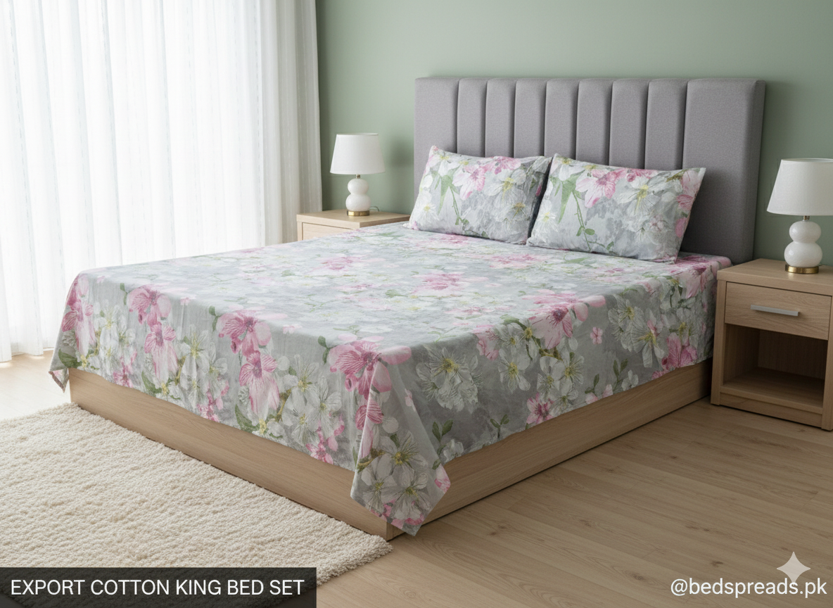 Export Quality Soft Cotton Double Bed Sheet Set - Dusty Rose Floral Print with 2 Pillow Covers.