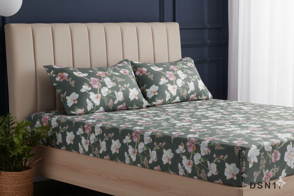 Premium 100% Cotton Satin Fitted Bed Sheet Set - Charcoal Grey Orchid Floral Double Bedding with 2 Pillow Covers.