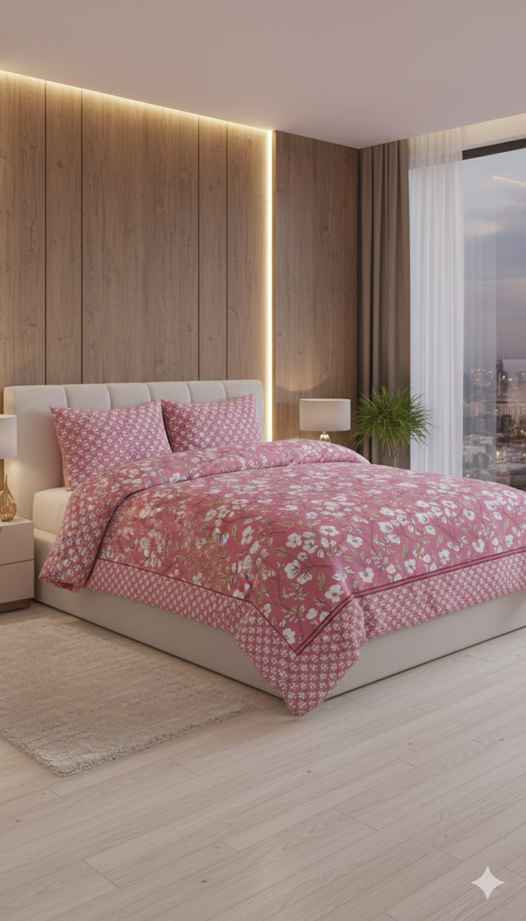 Premium 100% pure cotton double bed sheet set(Blush Harmony - Spring Petal)