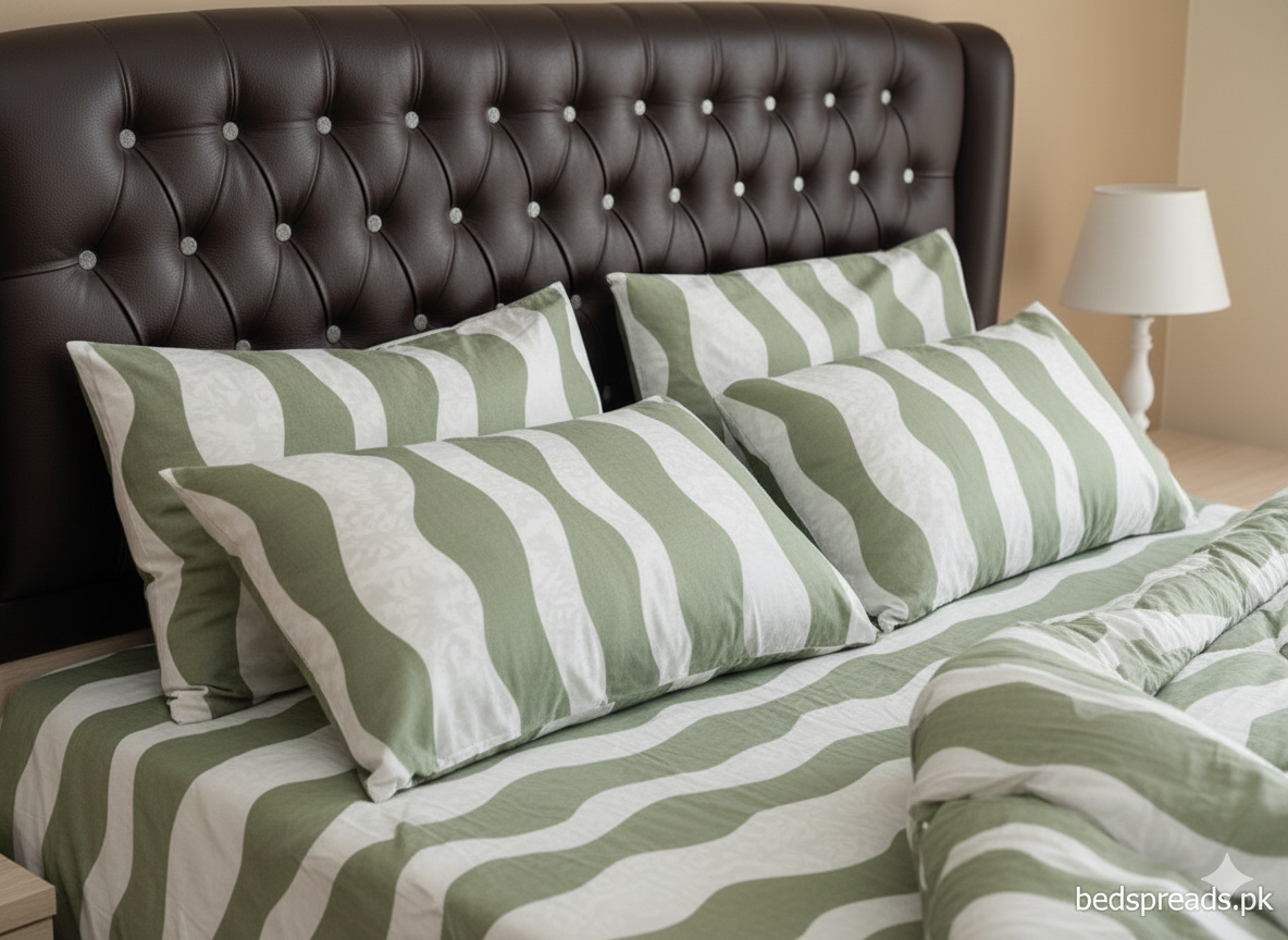 (Wavy Meadow)Modern 6-Piece Vickey Razai (Comforter) Set - 100% Pure Cotton Green Wavy Stripe Double Bedding.