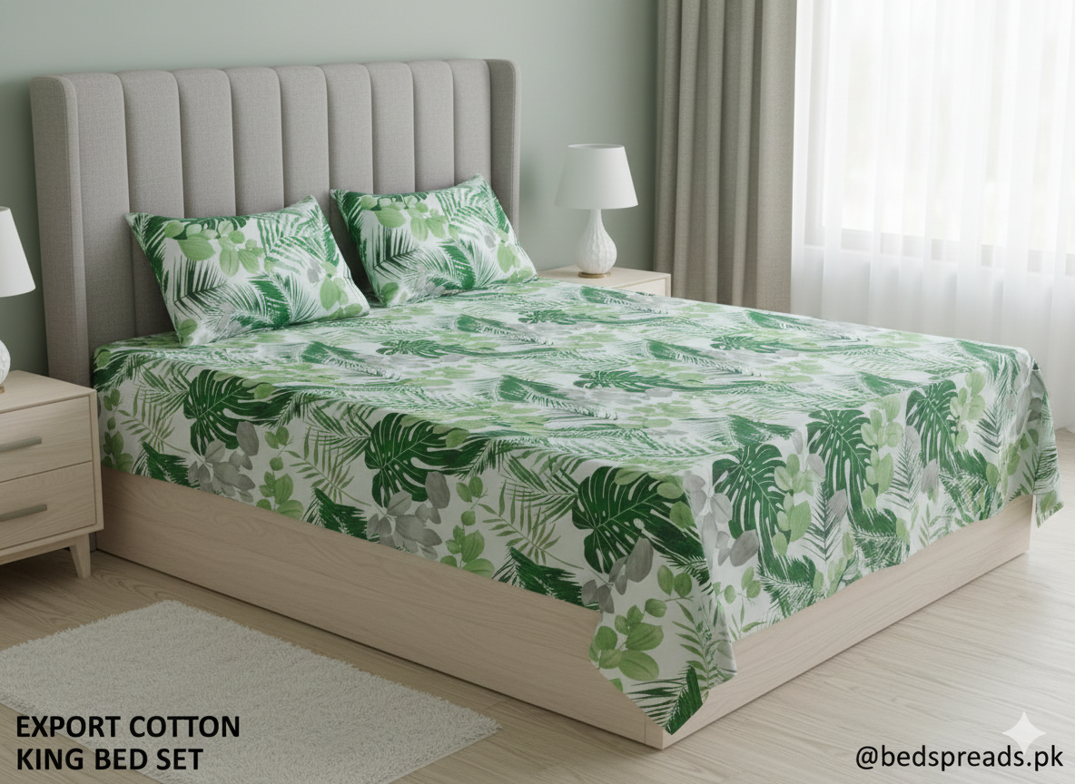 Export Quality Soft Cotton Double Bed Sheet Set - Emerald Green Monstera Leaf Print with 2 Pillow Covers.