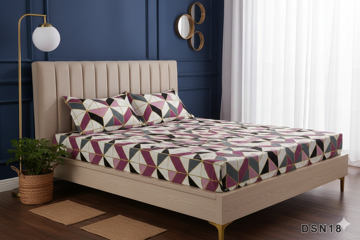 Designer 100% Cotton SATIN Fitted Double Bed Sheet Set - Pink & Gray Geometric Print with 2 Pillow Covers.