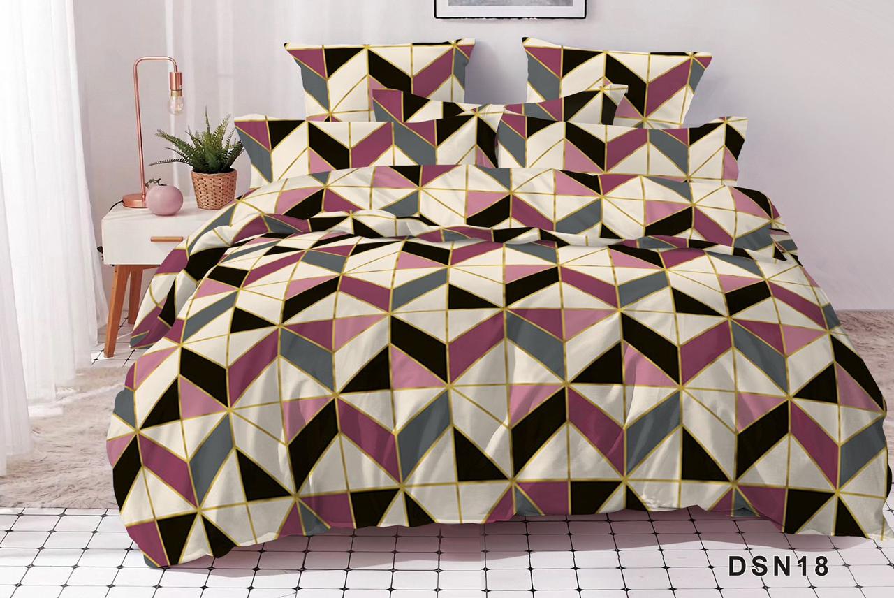 Designer 100% Cotton SATIN Fitted Double Bed Sheet Set - Pink & Gray Geometric Print with 2 Pillow Covers.