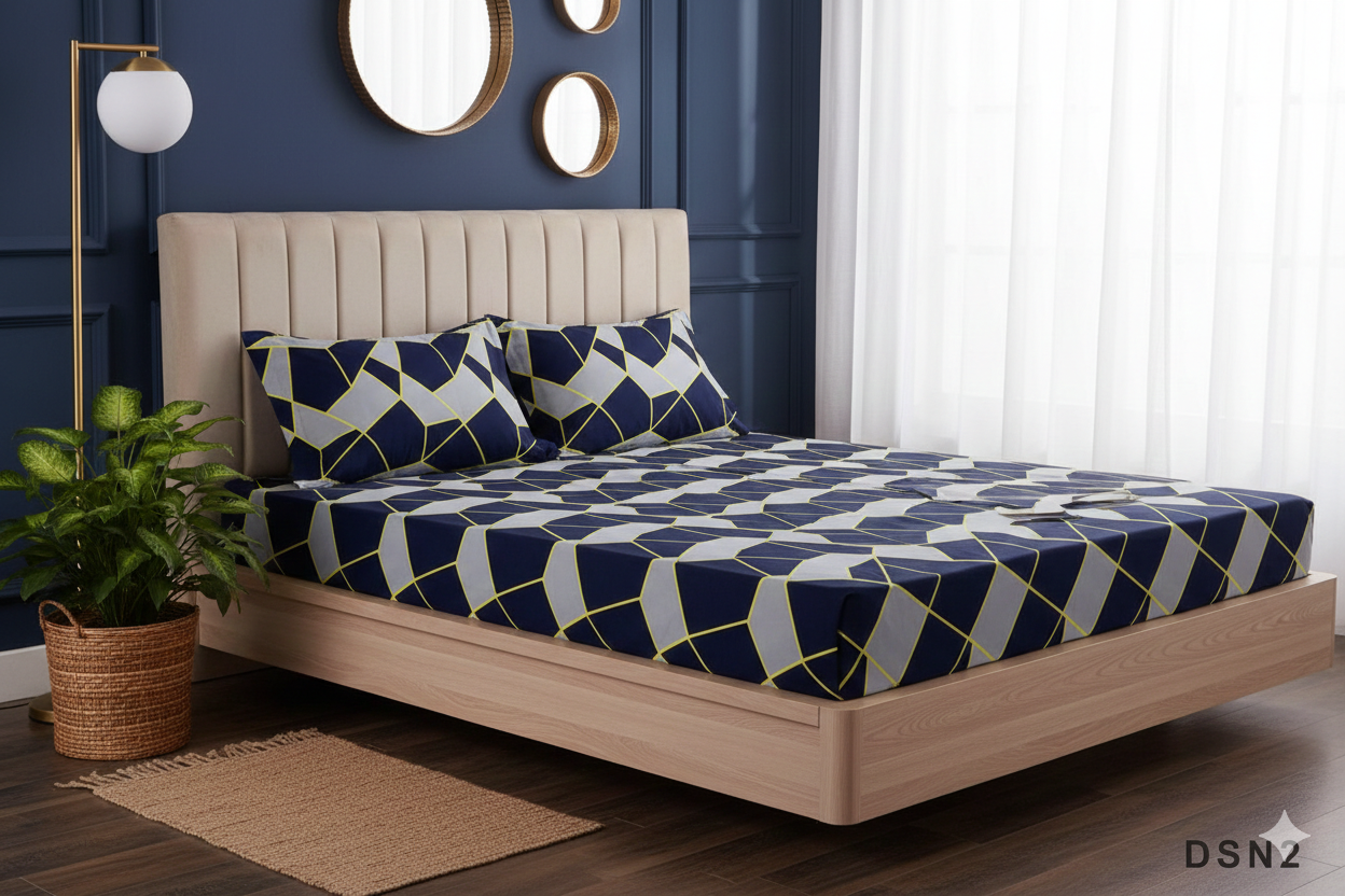 Luxury 100% Cotton SATIN Fitted Double Bed Sheet Set - Navy Blue Geometric Cube Print with 2 Pillow Covers.