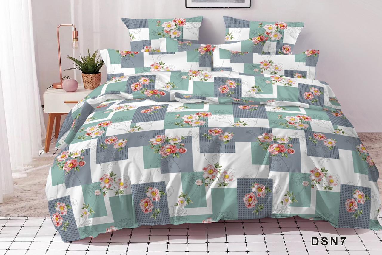 Premium 100% Cotton Satin Fitted Bed Sheet Set - Mint & Grey Geometric Floral Double Bedding with 2 Pillow Covers.