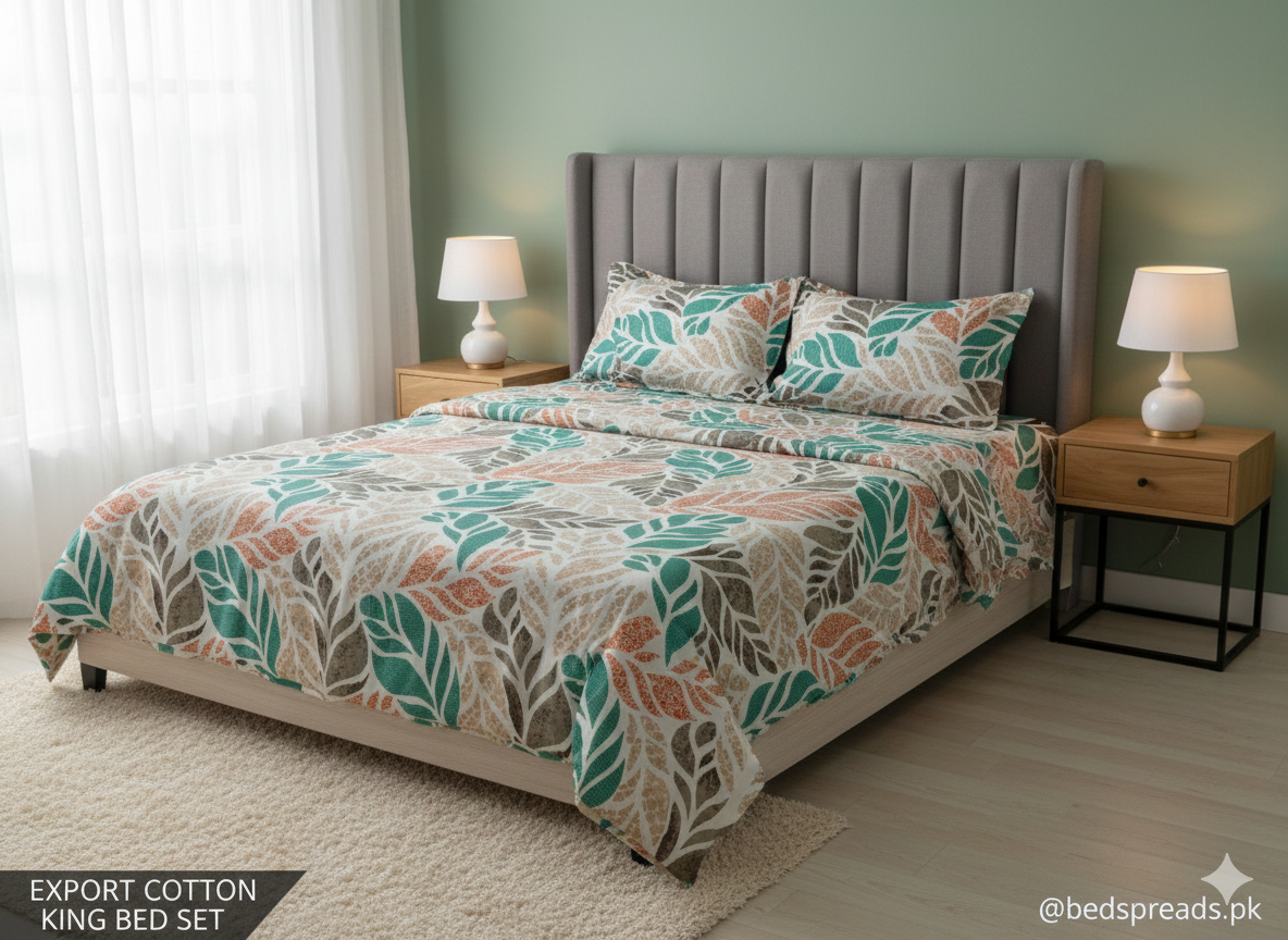 Premium Export Quality Soft Cotton Double Bed Sheet Set - Earthtone Vine Print with 2 Pillow Covers.