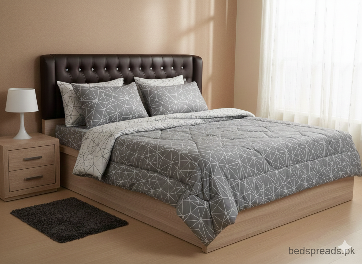 (Modern Mosaic)Luxury 6-Piece Vickey Razai (Comforter) Set - 100% Pure Cotton Grey Geometric Print with 4 Pillow Covers.