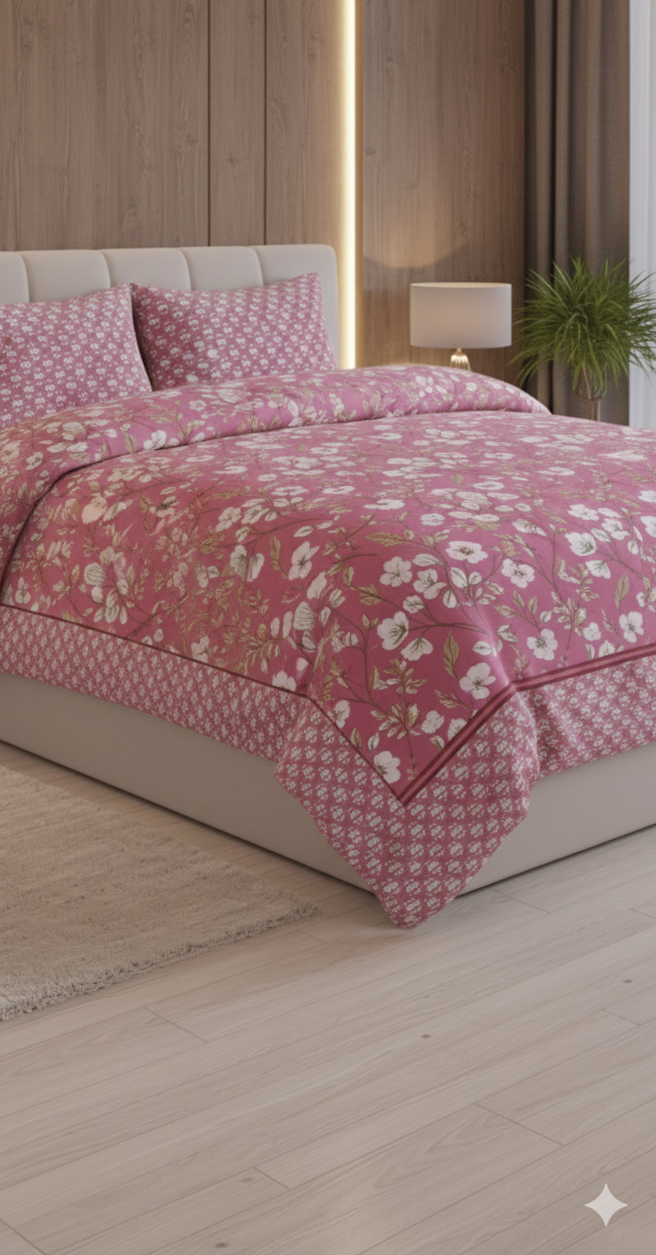 Premium 100% pure cotton double bed sheet set(Blush Harmony - Spring Petal)