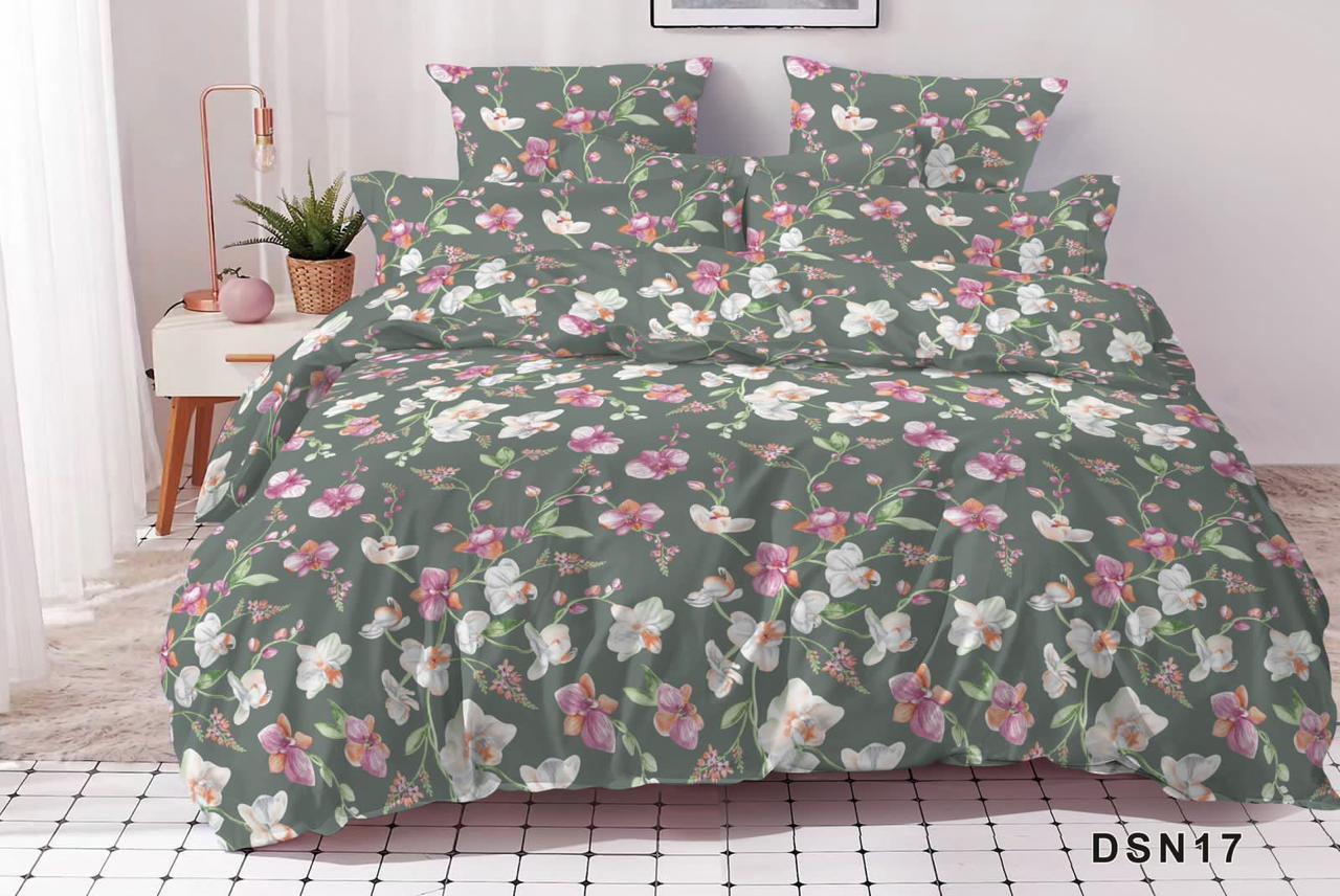 Premium 100% Cotton Satin Fitted Bed Sheet Set - Charcoal Grey Orchid Floral Double Bedding with 2 Pillow Covers.