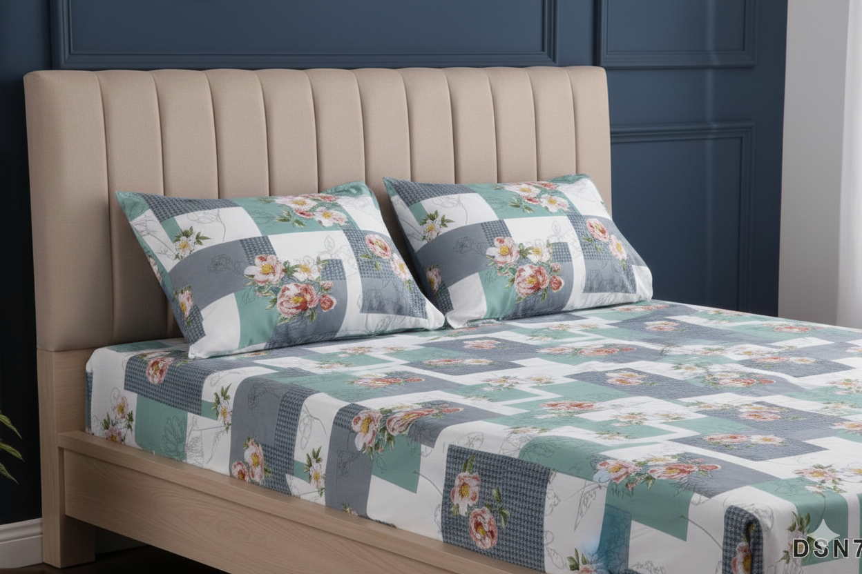 Premium 100% Cotton Satin Fitted Bed Sheet Set - Mint & Grey Geometric Floral Double Bedding with 2 Pillow Covers.
