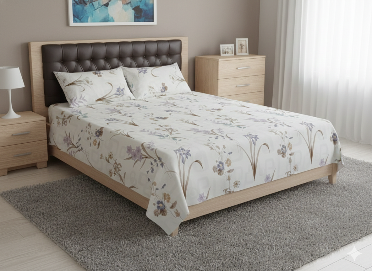 Soft Muted Floral Branch Print Double Bed Sheet Set with 2 Pillow Covers - Elegant Bedsheets.
