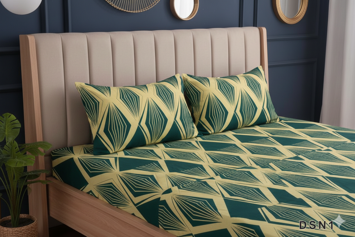 Striking 100% Cotton SATIN Fitted Double Bed Sheet Set - Emerald Green & Gold Geometric Print with 2 Pillow Covers.