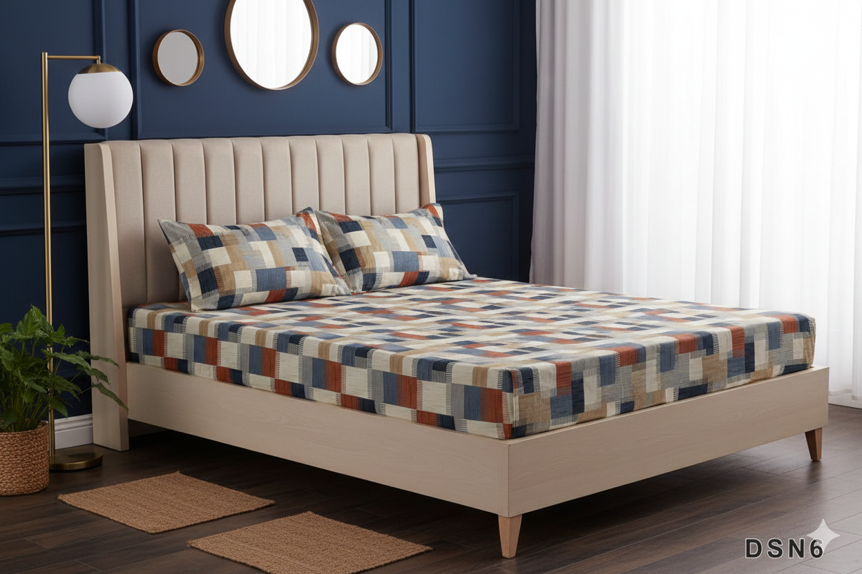 Luxury 100% Cotton Fitted Double Bed Sheet Set - Grey Ombre Geometric Print with 2 Pillow Covers.