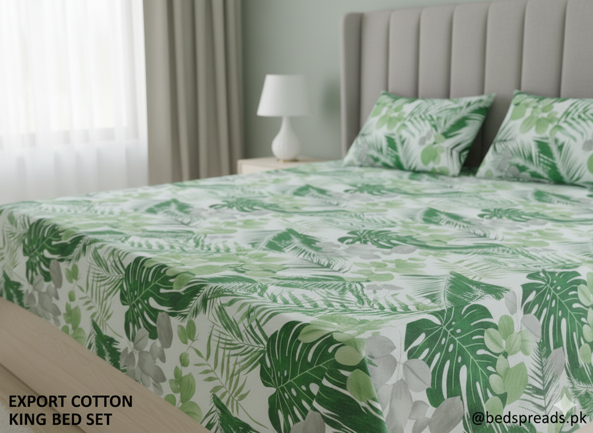 Export Quality Soft Cotton Double Bed Sheet Set - Emerald Green Monstera Leaf Print with 2 Pillow Covers.