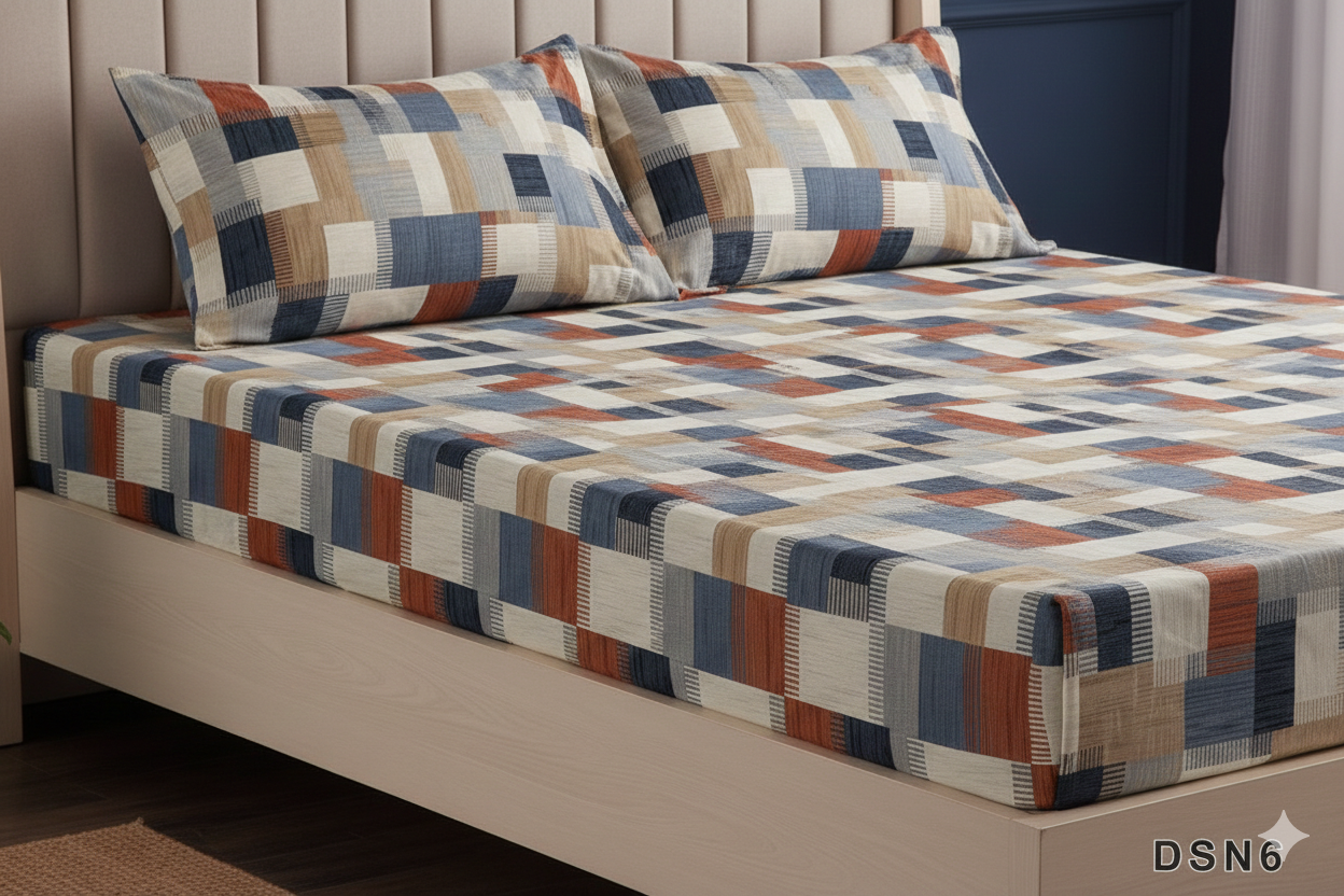 Luxury 100% Cotton Fitted Double Bed Sheet Set - Grey Ombre Geometric Print with 2 Pillow Covers.