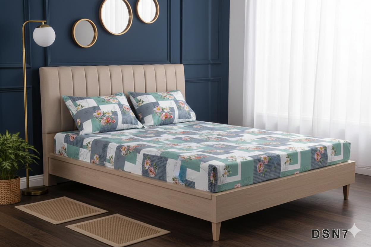 Premium 100% Cotton Satin Fitted Bed Sheet Set - Mint & Grey Geometric Floral Double Bedding with 2 Pillow Covers.