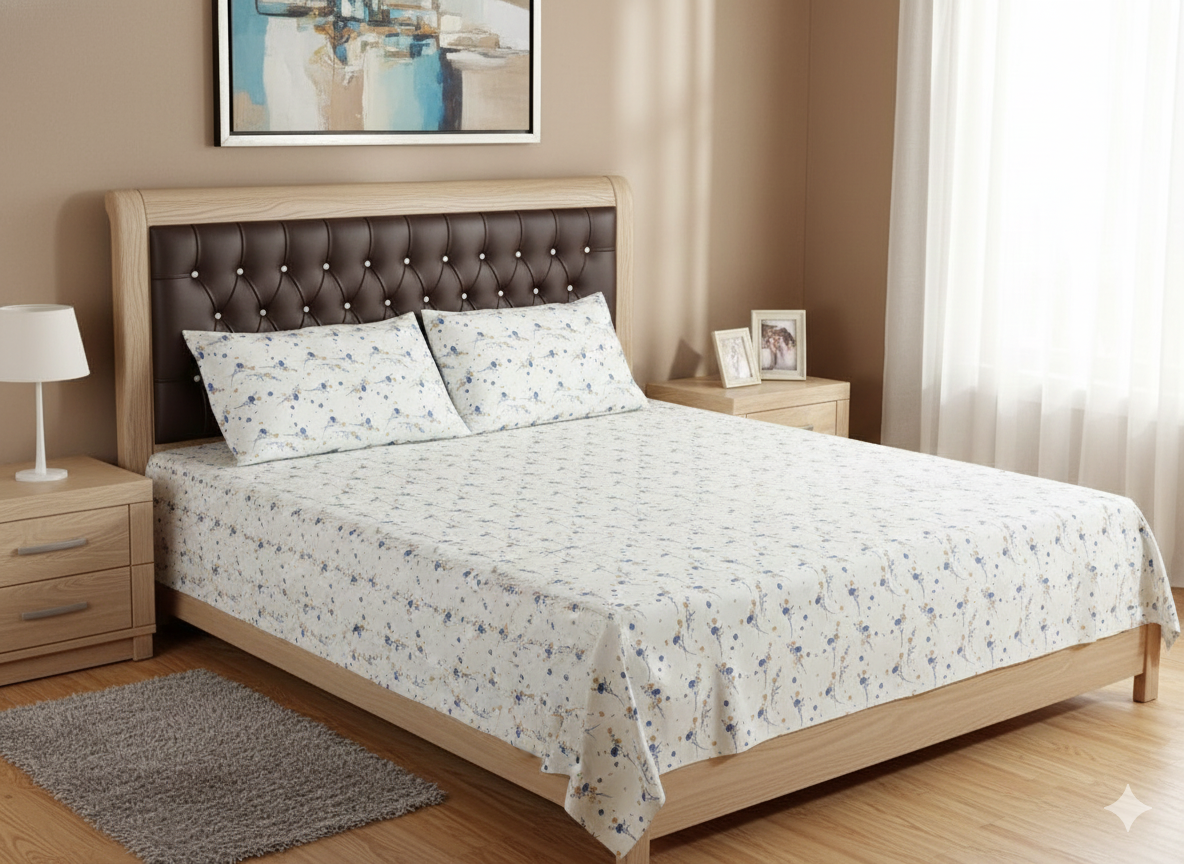 Minimalist Grey Floral Print Double Bed Sheet Set with 2 Pillow Covers - Contemporary Bedsheets.