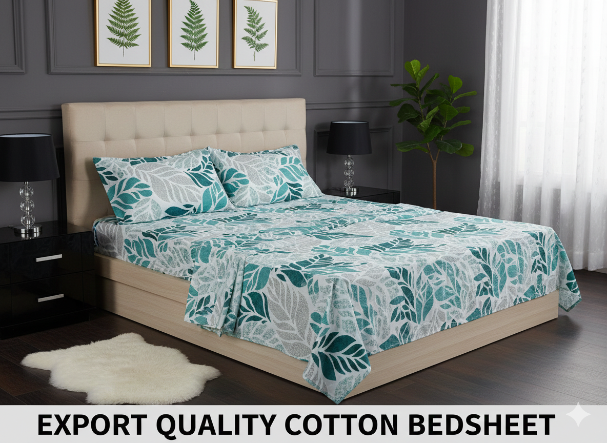 Premium Export Quality Soft Cotton Double Bed Sheet Set - Terracotta & Teal Tropical Leaf Print with 2 Pillow Covers.