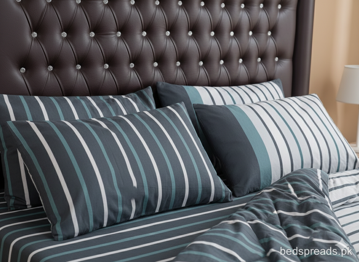 (Slate & Teal Parallel)Luxury 6-Piece Vickey Razai (Comforter) Set - 100% Pure Cotton Grey & Teal Striped Double Bedding with 4 Pillow Covers.