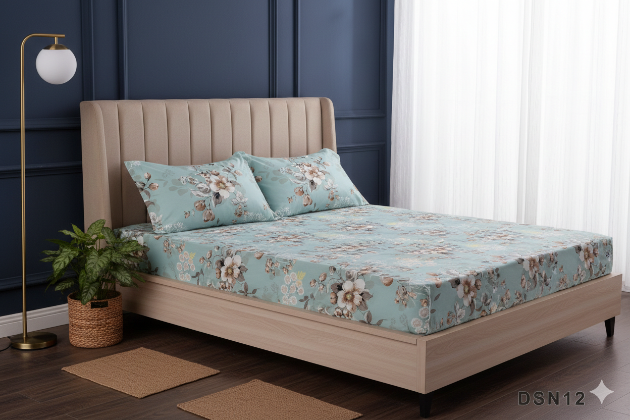 Premium 100% Cotton Satin Fitted Bed Sheet Set - Vintage Mint Floral Double Bedding with 2 Pillow Covers.