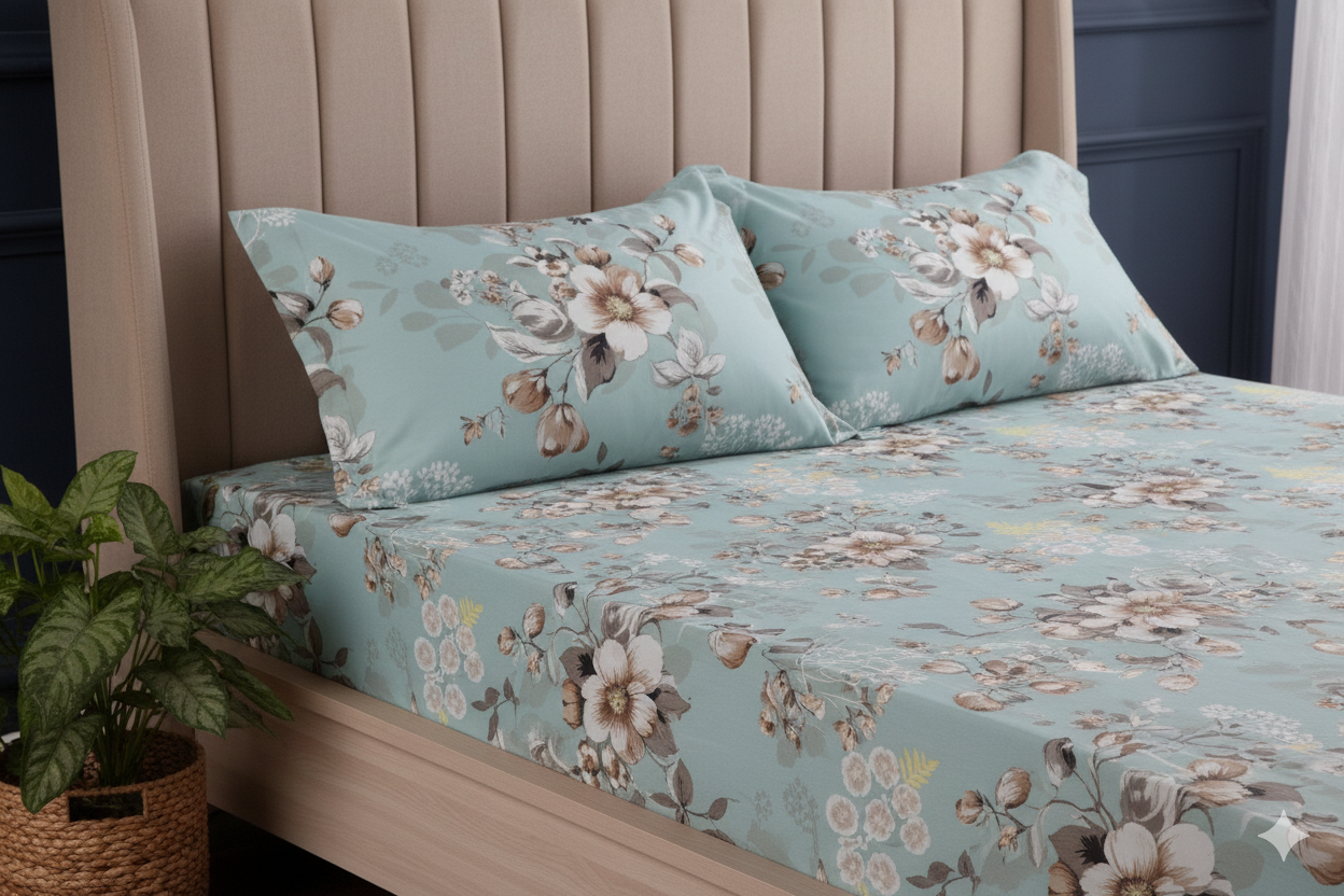 Premium 100% Cotton Satin Fitted Bed Sheet Set - Vintage Mint Floral Double Bedding with 2 Pillow Covers.