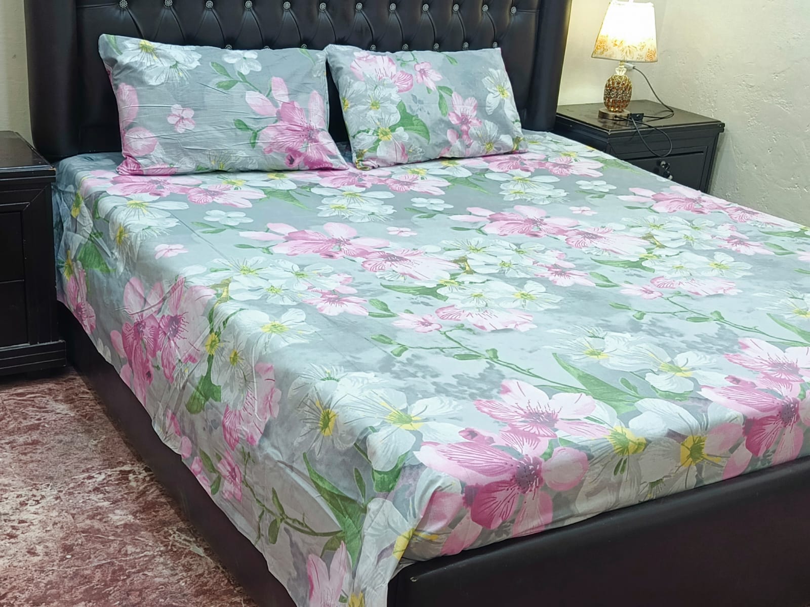 Export Quality Soft Cotton Double Bed Sheet Set - Dusty Rose Floral Print with 2 Pillow Covers.