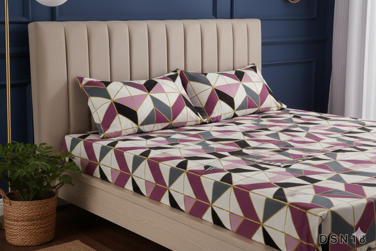 Designer 100% Cotton SATIN Fitted Double Bed Sheet Set - Pink & Gray Geometric Print with 2 Pillow Covers.