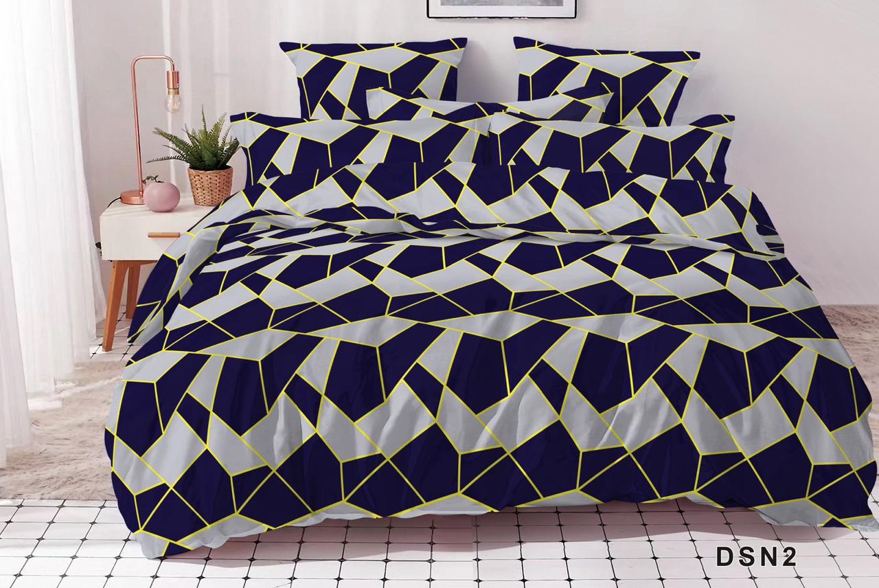 Luxury 100% Cotton SATIN Fitted Double Bed Sheet Set - Navy Blue Geometric Cube Print with 2 Pillow Covers.