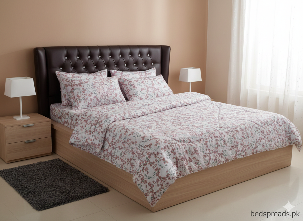 (Spring Cherry Blossom)Premium 6-Piece Vickey Razai (Comforter) Set - 100% Pure Cotton Peach Floral Double Bedding with 4 Pillow Covers.