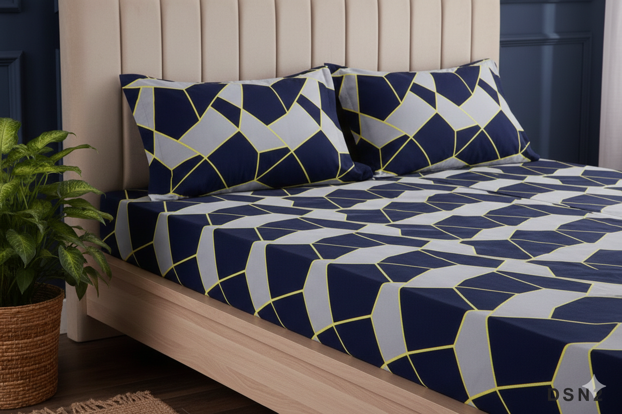 Luxury 100% Cotton SATIN Fitted Double Bed Sheet Set - Navy Blue Geometric Cube Print with 2 Pillow Covers.