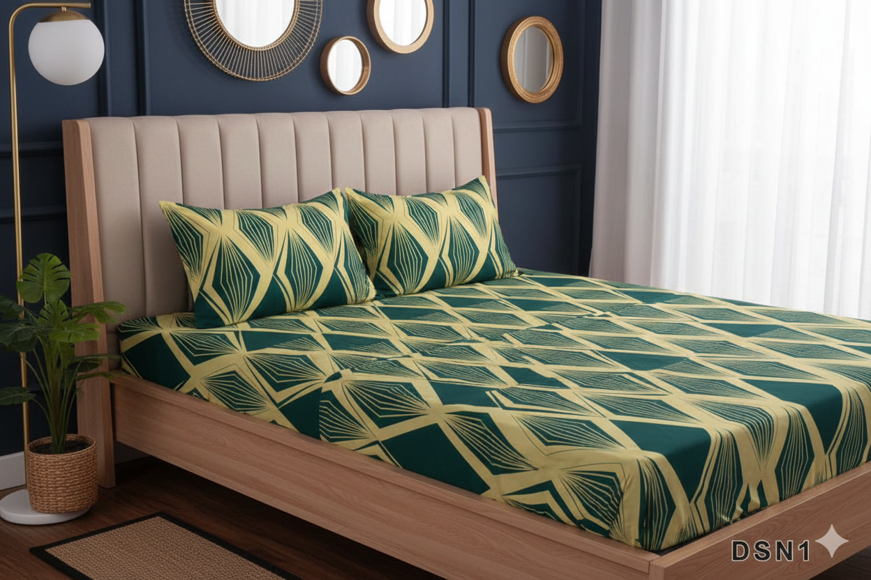 Striking 100% Cotton SATIN Fitted Double Bed Sheet Set - Emerald Green & Gold Geometric Print with 2 Pillow Covers.