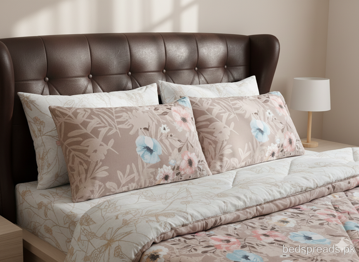 (Taupe Bloom)Elegant 6-Piece Vickey Razai (Comforter) Set - 100% Pure Cotton Taupe Floral Print with 4 Pillow Covers